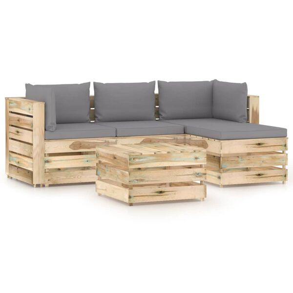 vidaXL Salon de jardin 5 pcs avec coussins Bois impr&eacute;gn&eacute; de vert