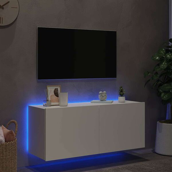 vidaXL Meuble TV mural avec lumi&egrave;res LED blanc 100x35x41 cm