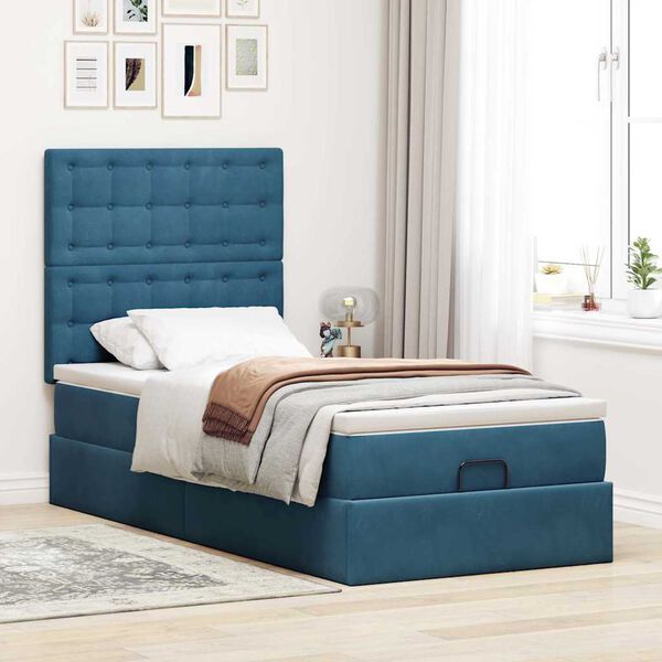 vidaXL Cadre de lit ottoman avec matelas bleu foncé 100x200 cm velours