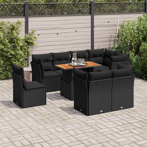vidaXL Salon de jardin 9 pcs avec coussins noir r&eacute;sine tress&eacute;e
