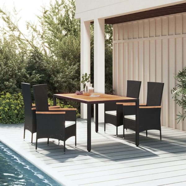 vidaXL Ensemble &agrave; manger de jardin coussins 5pcs Noir R&eacute;sine tress&eacute;e
