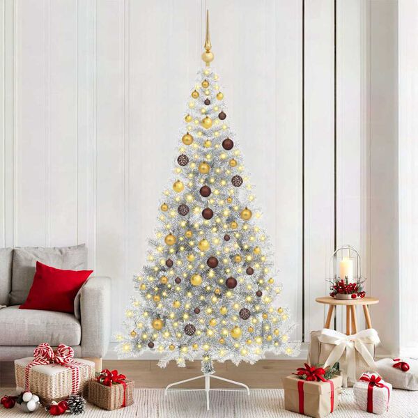 vidaXL Sapin de No&euml;l artificiel pr&eacute;-&eacute;clair&eacute; Argent 210 cm PET