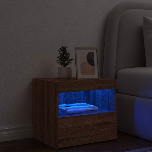vidaXL Table de chevet avec lumi&egrave;res LED ch&ecirc;ne marron 50x40x45 cm