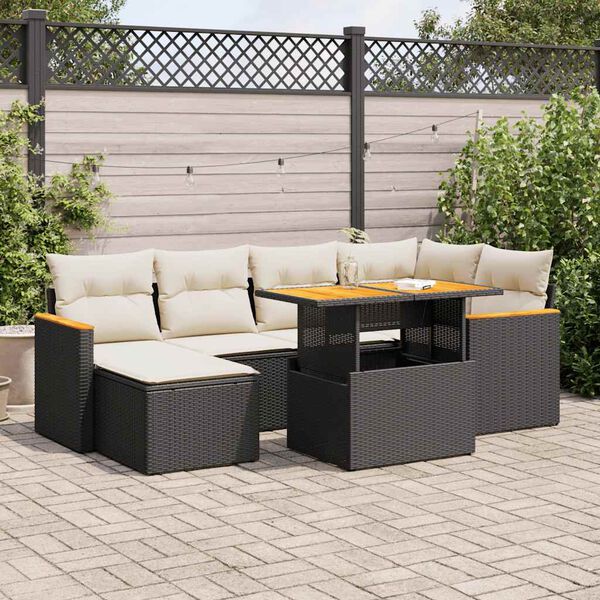 vidaXL Salon de jardin avec coussins 7 pcs noir r&eacute;sine tress&eacute;e acacia