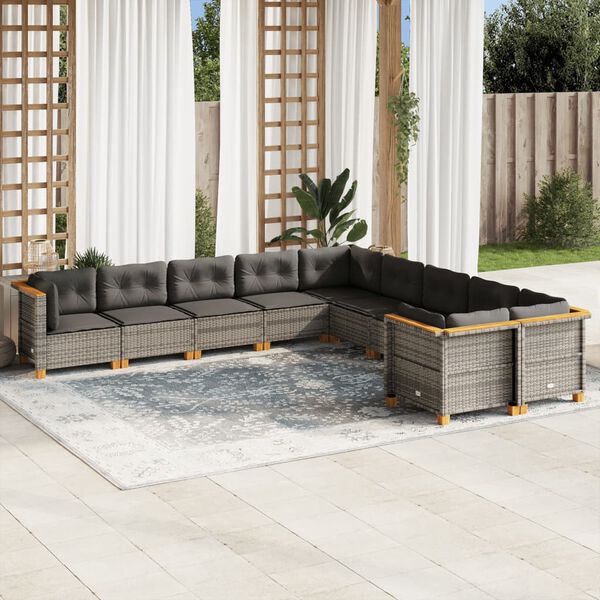 vidaXL Salon de jardin avec coussins 10 pcs gris r&eacute;sine tress&eacute;e
