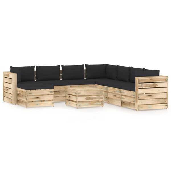 vidaXL Salon de jardin 9 pcs avec coussins Bois impr&eacute;gn&eacute; de vert