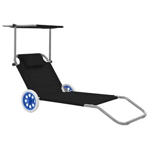 vidaXL Chaise longue pliable avec auvent et roues Acier Noir