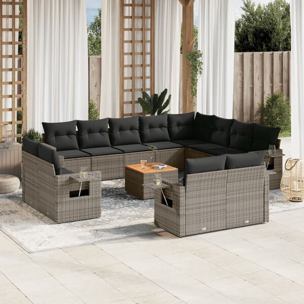 vidaXL Salon de jardin avec coussins 13 pcs gris r&eacute;sine tress&eacute;e