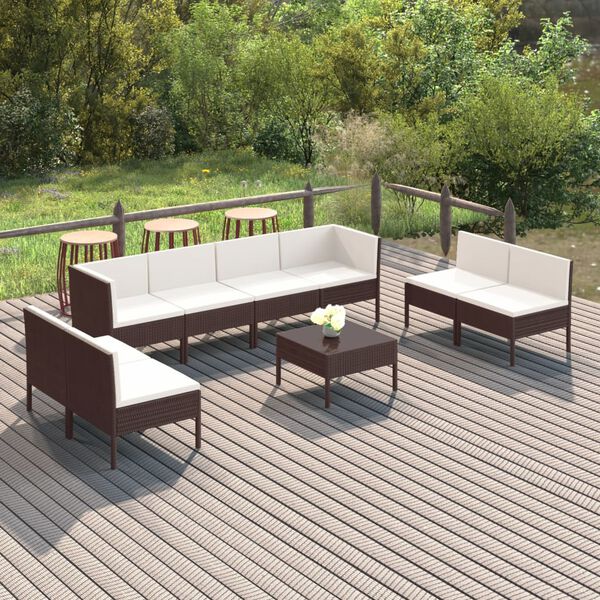 vidaXL Salon de jardin 9 pcs avec coussins r&eacute;sine tress&eacute;e marron