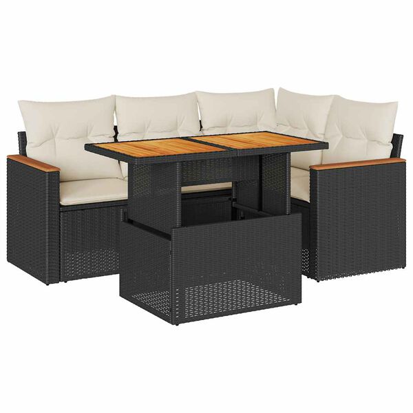 vidaXL Salon de jardin 5 pcs avec coussins noir r&eacute;sine tress&eacute;e acacia
