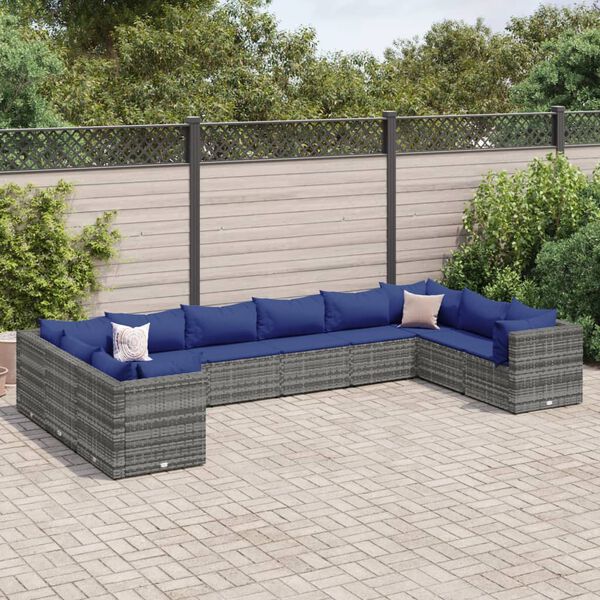 vidaXL Salon de jardin 10 pcs avec coussins Gris R&eacute;sine tress&eacute;e