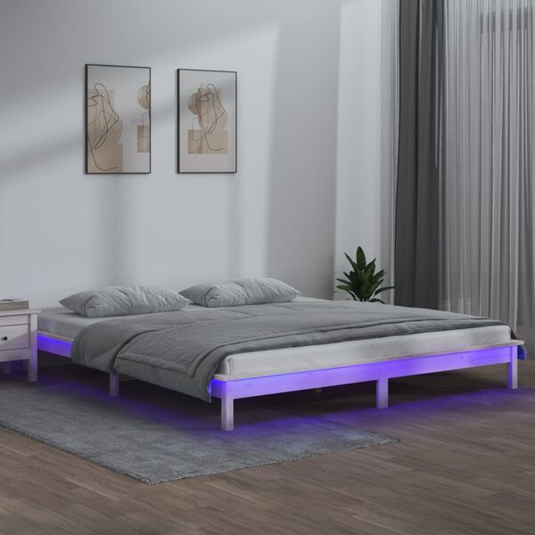 vidaXL Cadre de lit &agrave; LED sans matelas blanc 140x190 cm bois massif