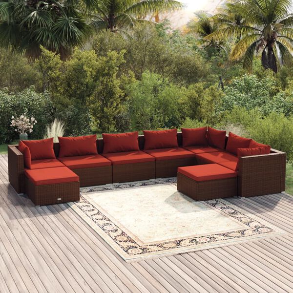 vidaXL Salon de jardin 9 pcs avec coussins Résine tressée Marron