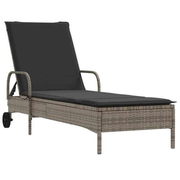 vidaXL Chaise longue avec roues et coussin gris r&eacute;sine tress&eacute;e