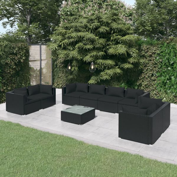 vidaXL Salon de jardin 9 pcs avec coussins R&eacute;sine tress&eacute;e Noir