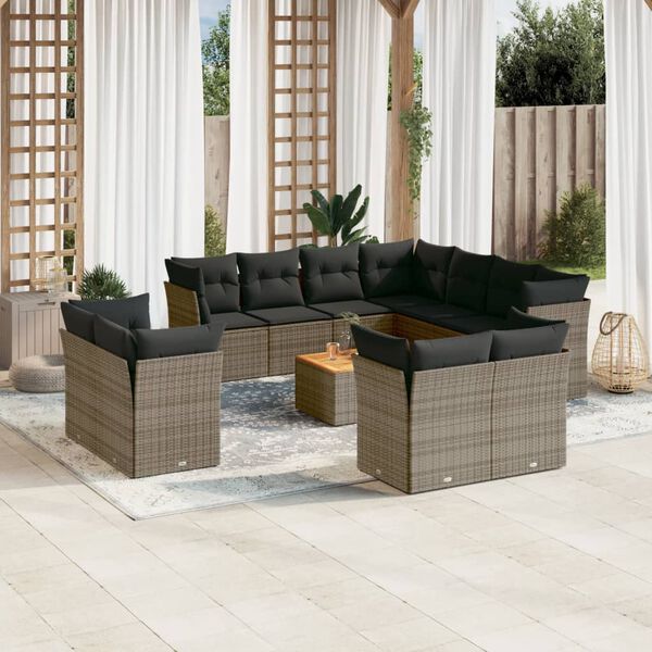 vidaXL Salon de jardin avec coussins 12 pcs gris r&eacute;sine tress&eacute;e