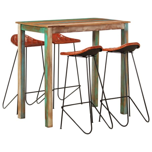 vidaXL Ensemble de bar 5 pcs Bois de r&eacute;cup&eacute;ration et cuir v&eacute;ritable