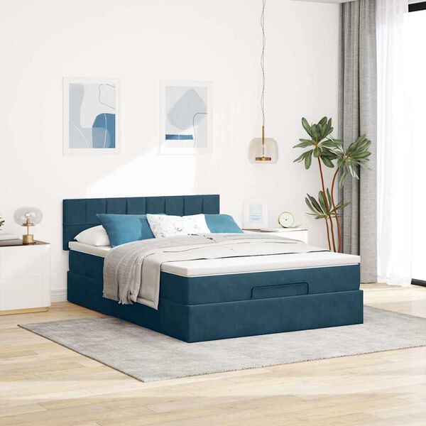 vidaXL Cadre de lit ottoman avec matelas bleu fonc&eacute; 140x190 cm velours