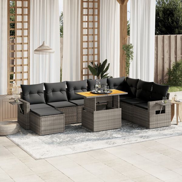 vidaXL Salon de jardin 9 pcs avec coussins gris r&eacute;sine tress&eacute;e