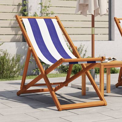 vidaXL Chaise de plage pliable bleu et blanc bois d'eucalyptus/tissu