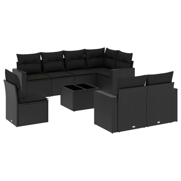 vidaXL Salon de jardin 9 pcs avec coussins noir r&eacute;sine tress&eacute;e