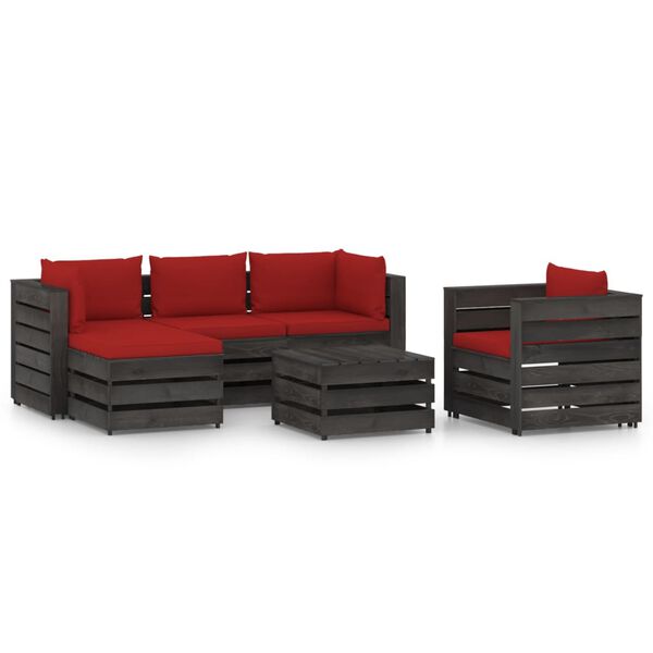 vidaXL Salon de jardin 6 pcs avec coussins Bois impr&eacute;gn&eacute; de gris