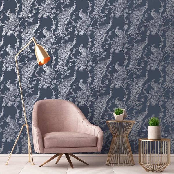 DUTCH WALLCOVERINGS Papier peint Paon Bleu marine et argent&eacute;