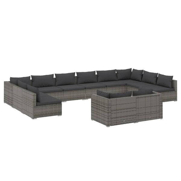 vidaXL Salon de jardin 12 pcs avec coussins Gris R&eacute;sine tress&eacute;e