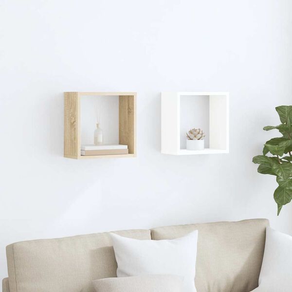 vidaXL &Eacute;tag&egrave;res cube murales 2 pcs Blanc et ch&ecirc;ne sonoma 30x15x30 cm