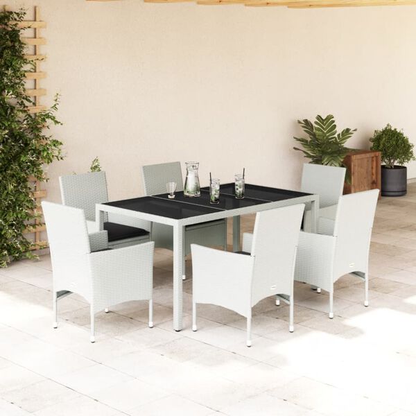 vidaXL Ensemble &agrave; manger de jardin et coussins 7 pcs blanc rotin verre
