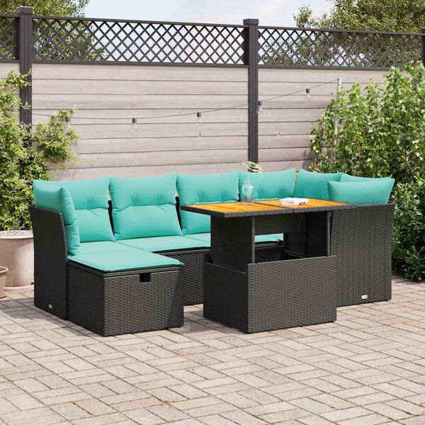 vidaXL Salon de jardin avec coussins 7pcs marron r&eacute;sine tress&eacute;e acacia