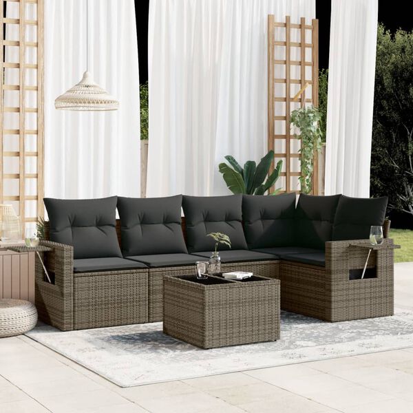 vidaXL Salon de jardin 6 pcs avec coussins gris r&eacute;sine tress&eacute;e