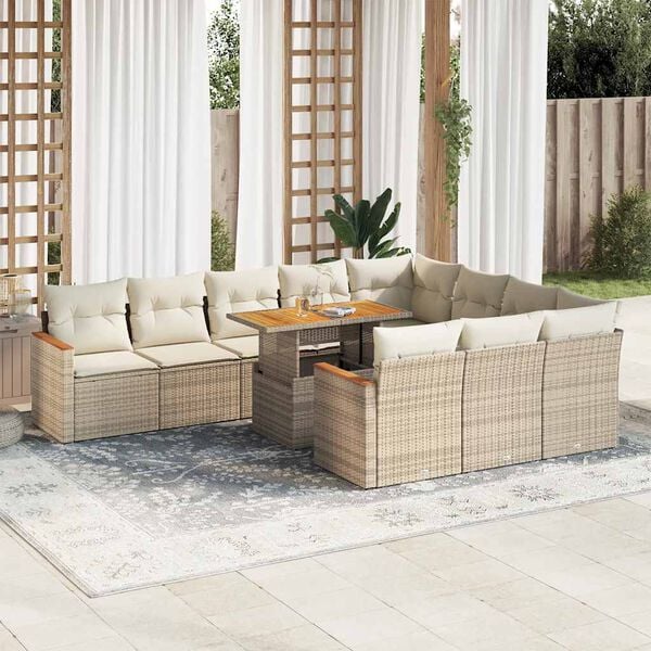 vidaXL Salon de jardin 11pcs avec coussins beige r&eacute;sine tress&eacute;e acacia