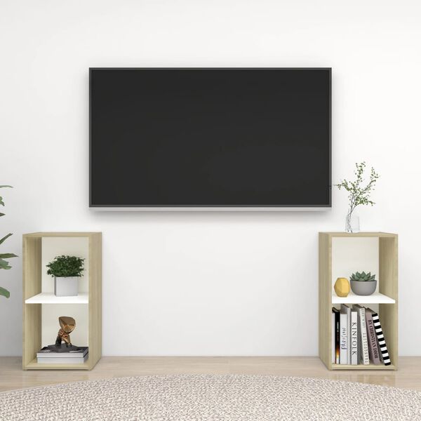 vidaXL Meubles TV 2 pcs Blanc et ch&ecirc;ne sonoma Bois d'ing&eacute;nierie