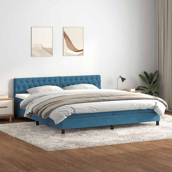 vidaXL Sommier &agrave; lattes de lit et matelas bleu fonc&eacute; 180x220cm velours