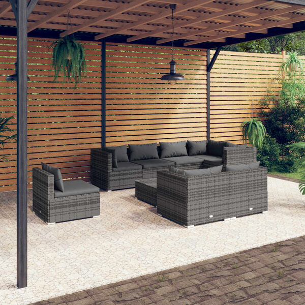 vidaXL Salon de jardin 9 pcs avec coussins R&eacute;sine tress&eacute;e Gris