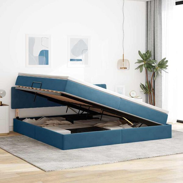 vidaXL Lit de Rangement avec matelas Bleu fonc&eacute; 200 x 200 cm Velours