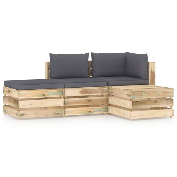 vidaXL Salon de jardin 4 pcs avec coussins Bois impr&eacute;gn&eacute; de vert