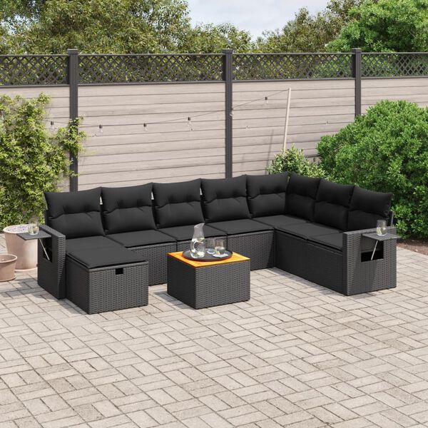 vidaXL Salon de jardin 9 pcs avec coussins noir r&eacute;sine tress&eacute;e