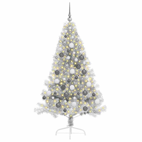 vidaXL Sapin de No&euml;l artificiel pr&eacute;-&eacute;clair&eacute; Argent 180 cm PET