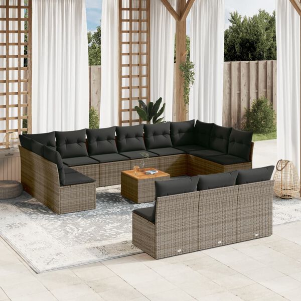 vidaXL Salon de jardin avec coussins 14 pcs gris r&eacute;sine tress&eacute;e
