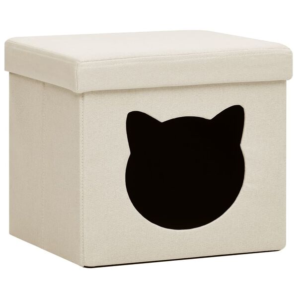 vidaXL Tabouret de rangement pliable motif de chat Blanc cr&egrave;me Tissu