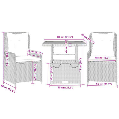 vidaXL Ensemble de bistro 3 pcs avec coussins gris résine tressée