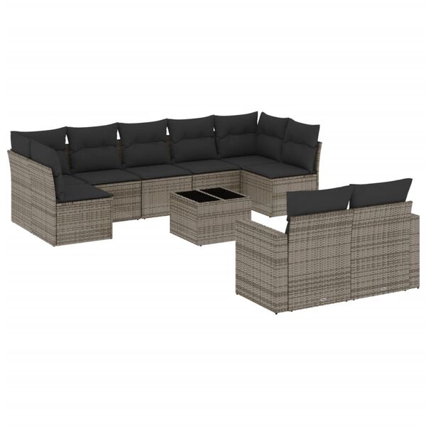 vidaXL Salon de jardin avec coussins 10 pcs gris r&eacute;sine tress&eacute;e