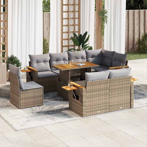 vidaXL Salon de jardin avec coussins 9 pcs beige r&eacute;sine tress&eacute;e acacia