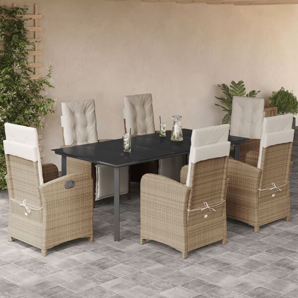 vidaXL Ensemble &agrave; manger de jardin et coussins 7 pcs beige poly rotin