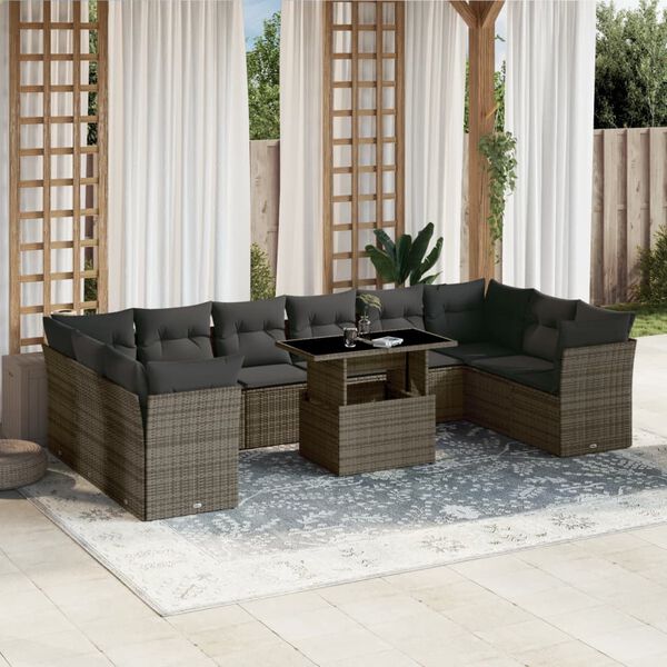 vidaXL Salon de jardin 11 pcs avec coussins gris r&eacute;sine tress&eacute;e