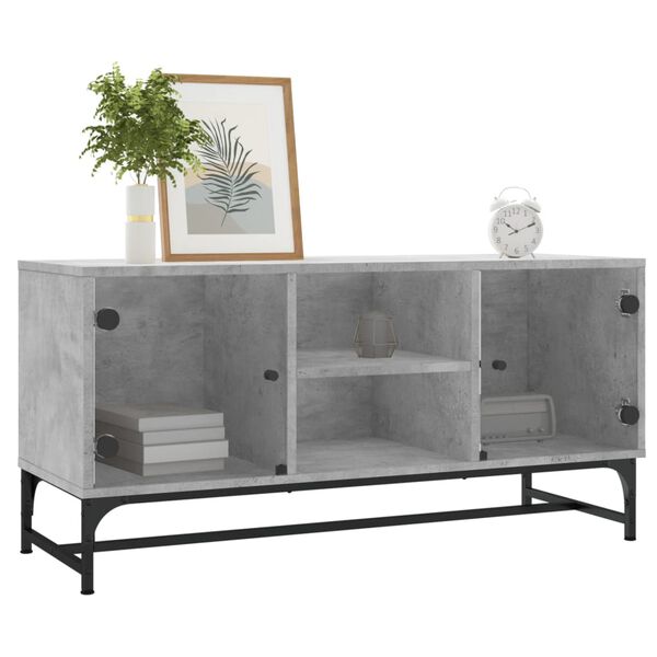 vidaXL Meuble TV avec portes en verre gris b&eacute;ton 102x37x50 cm