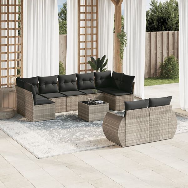 vidaXL Salon de jardin avec coussins 10 pcs gris clair r&eacute;sine tress&eacute;e