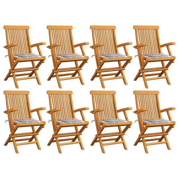 vidaXL Chaises de jardin et coussins &agrave; carreaux gris lot de 8 Teck